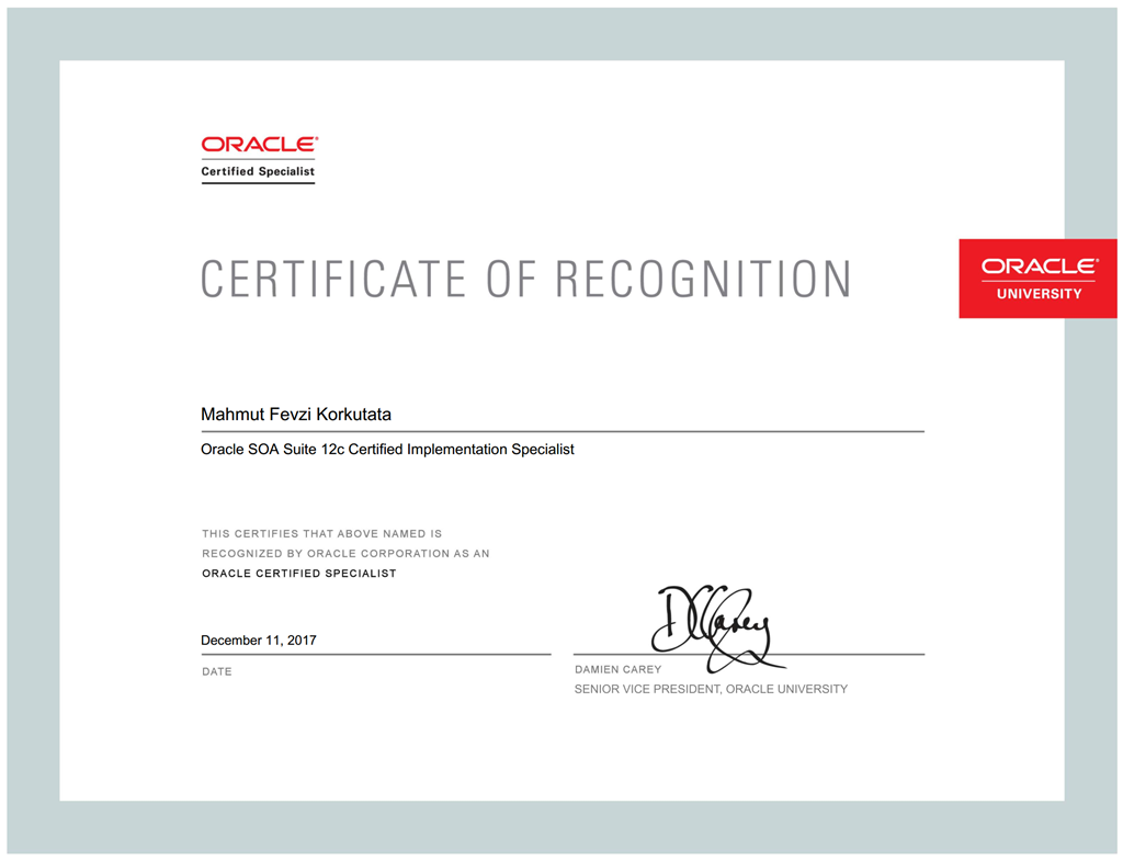 Fevzi Korkutata: Oracle SOA Suite 12c Certified Implementation Specialist